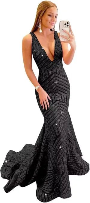 V Neck Sequin Prom Dresses 2025 Sparkly Mermaid Formal Evening Gown for Women
