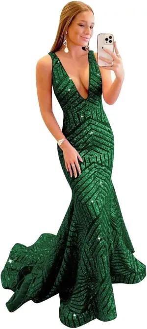 V Neck Sequin Prom Dresses 2025 Sparkly Mermaid Formal Evening Gown for Women