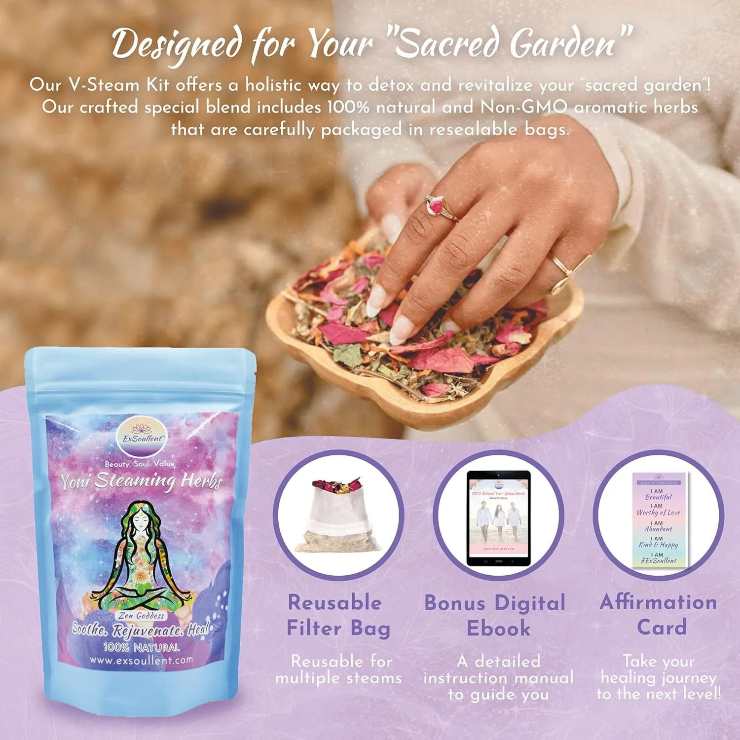 V Steaming Herbs - 100% Natural Vaginal Steam Kit, 10 Healing Herbs Zen Goddess Blend with Filter Bags | Soothe. Rejuvenate. Heal (2-4 Steams)