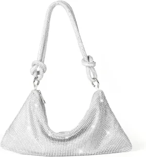 Valleycomfy Chic Rhinestone Purses for Women Sparkly Evening Handbag Bling Hobo Bag Shiny Silver Clutch Purse for Party