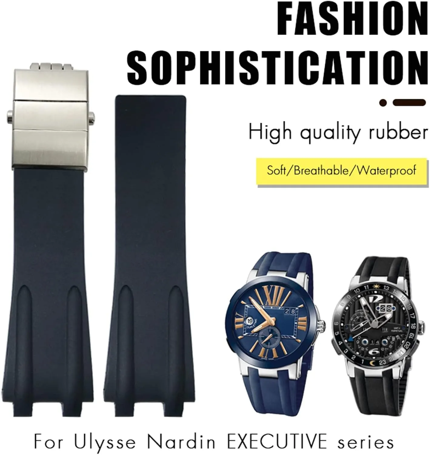 VELORE 26mm Rubber Steel Folding Buckle Watch Band Fit for Ulysse Nardin Blue Black Brown Sport Waterproof Strap accessories