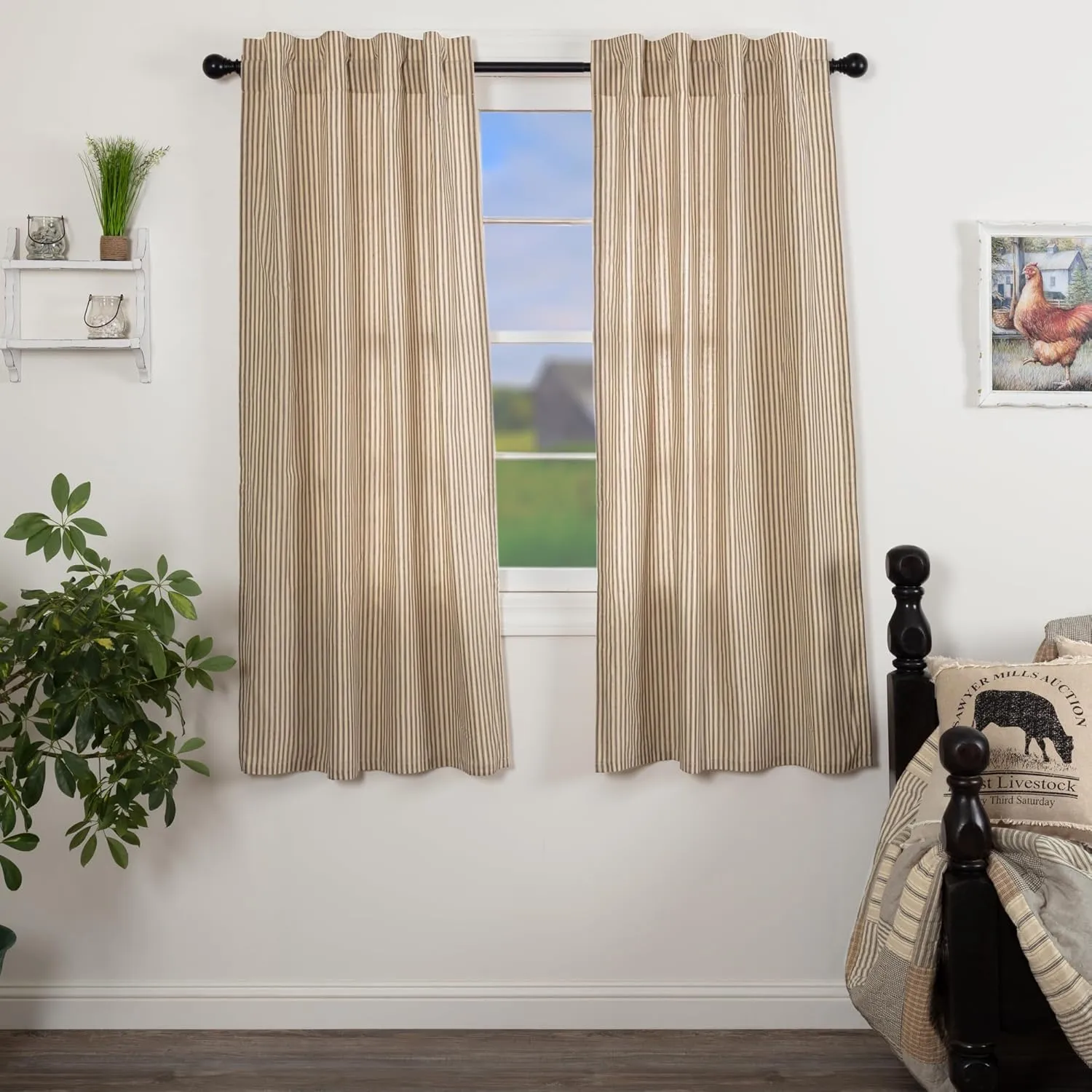 VHC Brands Sawyer Mill Charcoal Curtain Panel Set Lined 63 Inch Long Drapes Farmhouse Country Stripes Cotton for Living Room
