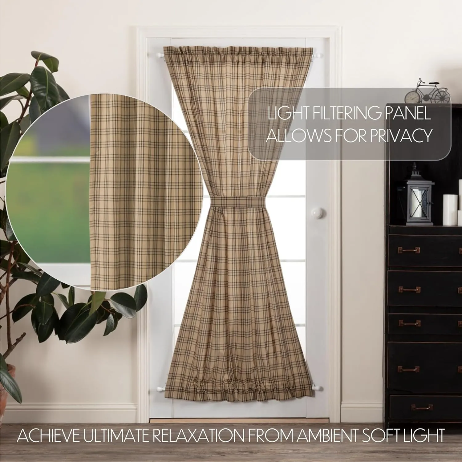 VHC Brands Sawyer Mill Plaid Cotton Farmhouse Curtains Rod Pocket Tie Back(s) Door Panel 72 Inches Length, Charcoal Black