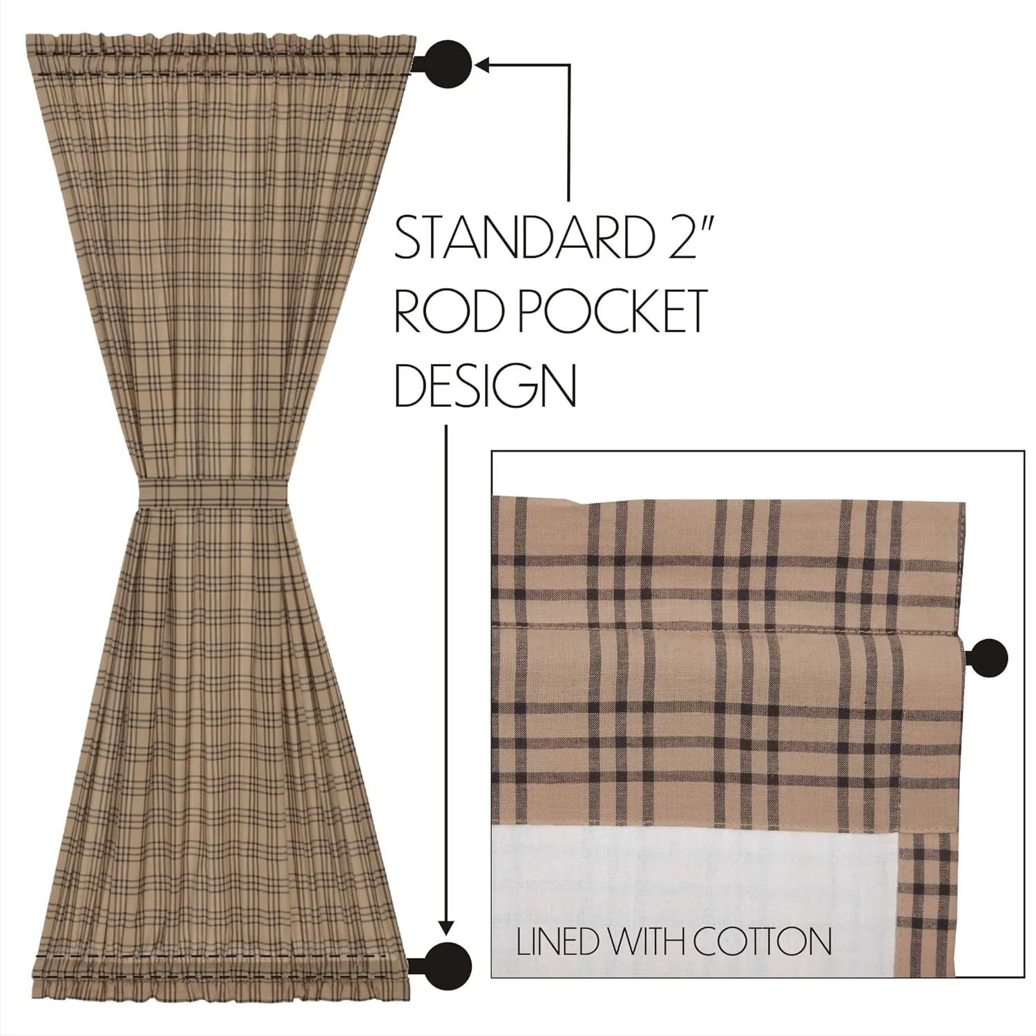VHC Brands Sawyer Mill Plaid Cotton Farmhouse Curtains Rod Pocket Tie Back(s) Door Panel 72 Inches Length, Charcoal Black