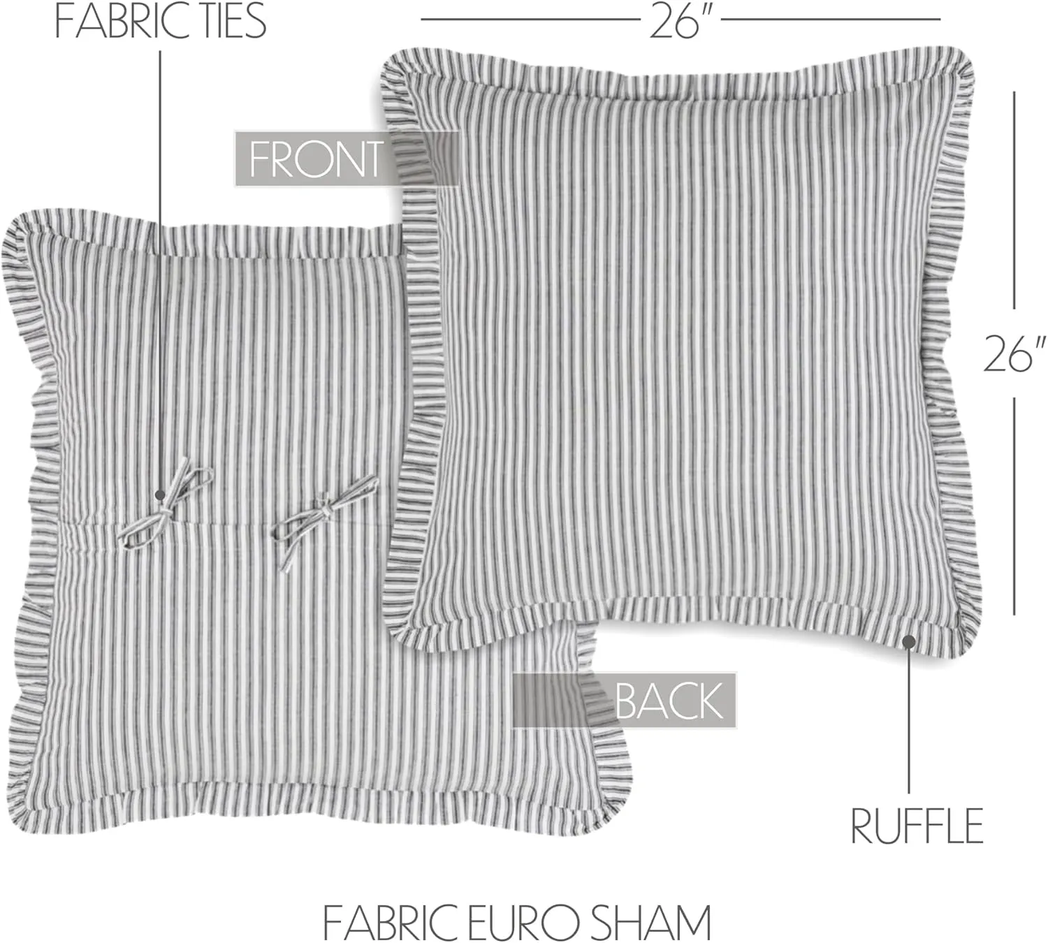 VHC Brands, Sawyer Mill Ticking Stripe Euro Sham, Black, 26x26