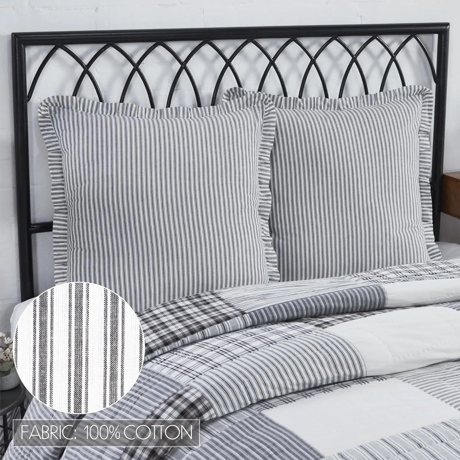 VHC Brands, Sawyer Mill Ticking Stripe Euro Sham, Black, 26x26