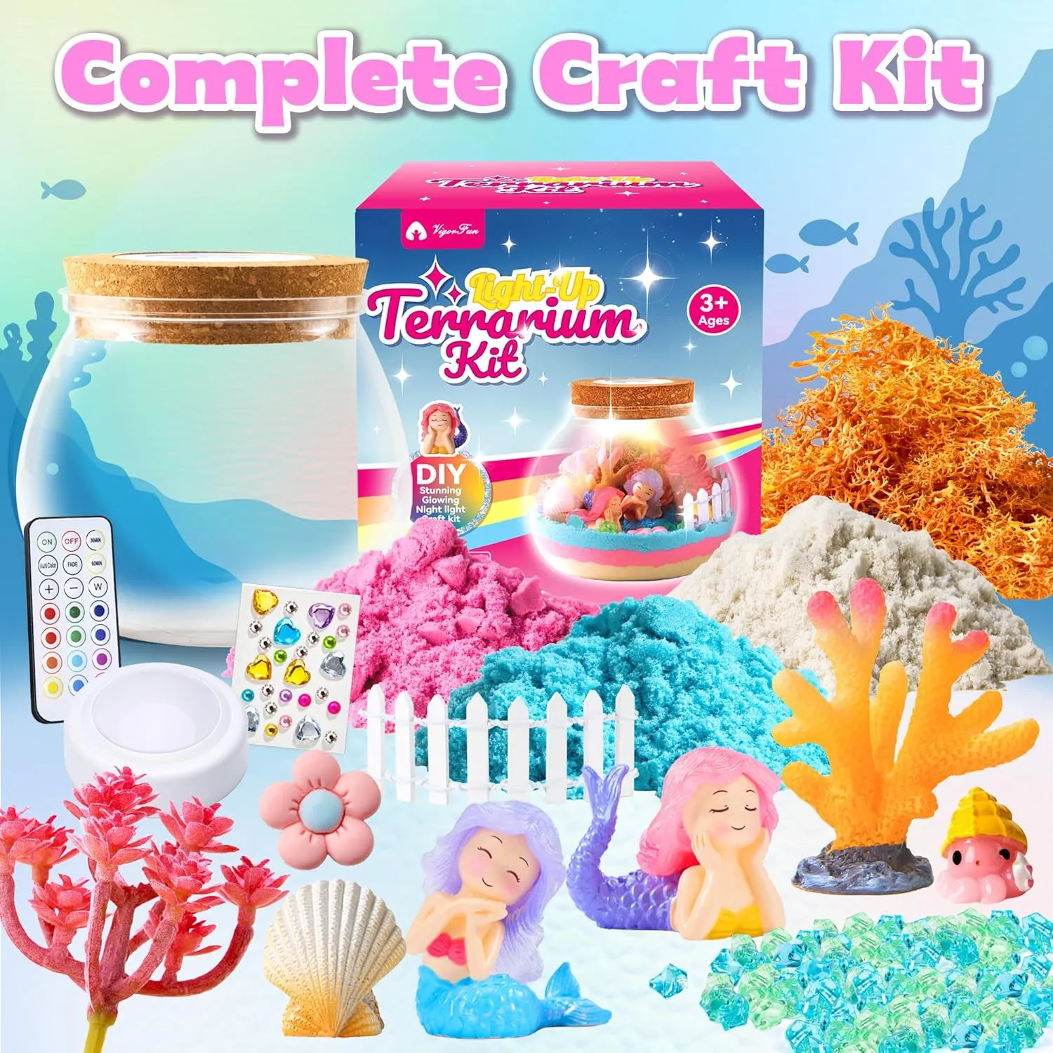 VigorFun Mermaid Terrarium Kit for Kids - Creative LED Night Light Gifts for Girls Birthday Age 3 , DIY Arts & Crafts Light Up Kit, Mermaids Toys for Kids 4 5 6 7 8 9 10 Year Old