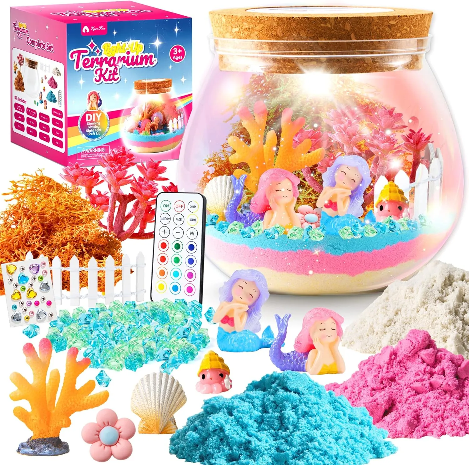 VigorFun Mermaid Terrarium Kit for Kids - Creative LED Night Light Gifts for Girls Birthday Age 3 , DIY Arts & Crafts Light Up Kit, Mermaids Toys for Kids 4 5 6 7 8 9 10 Year Old