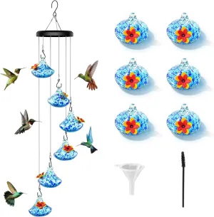 VINGUYS® Hummingbird Feeder with Wind Chimes – 6 Balls 600ml, Hand-Blown Glass Hummingbird Feeders for Outdoors, Hanging Garden Decor, Ideal Gift, Weatherproof for All Season, Blue