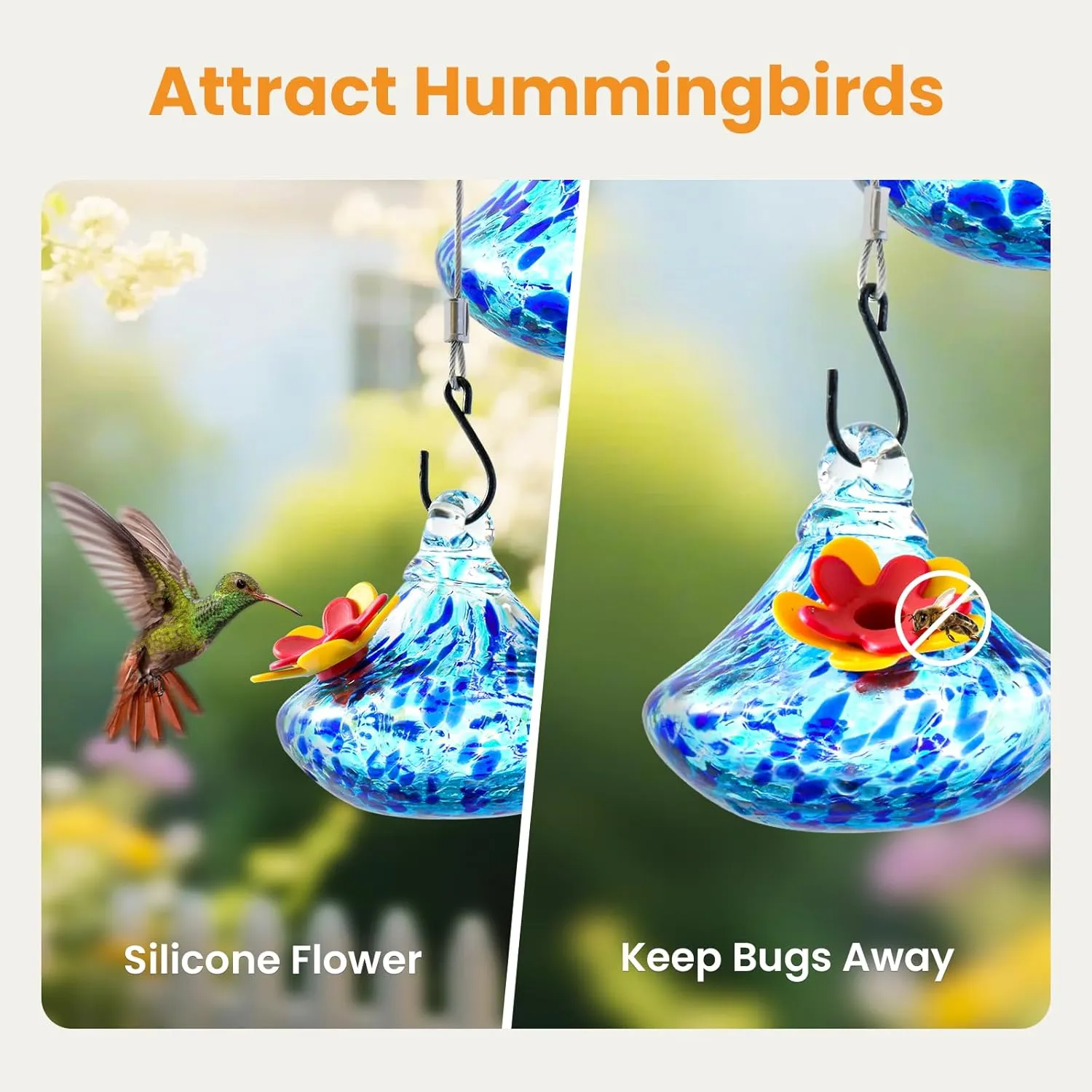 VINGUYS® Hummingbird Feeder with Wind Chimes – 6 Balls 600ml, Hand-Blown Glass Hummingbird Feeders for Outdoors, Hanging Garden Decor, Ideal Gift, Weatherproof for All Season, Blue