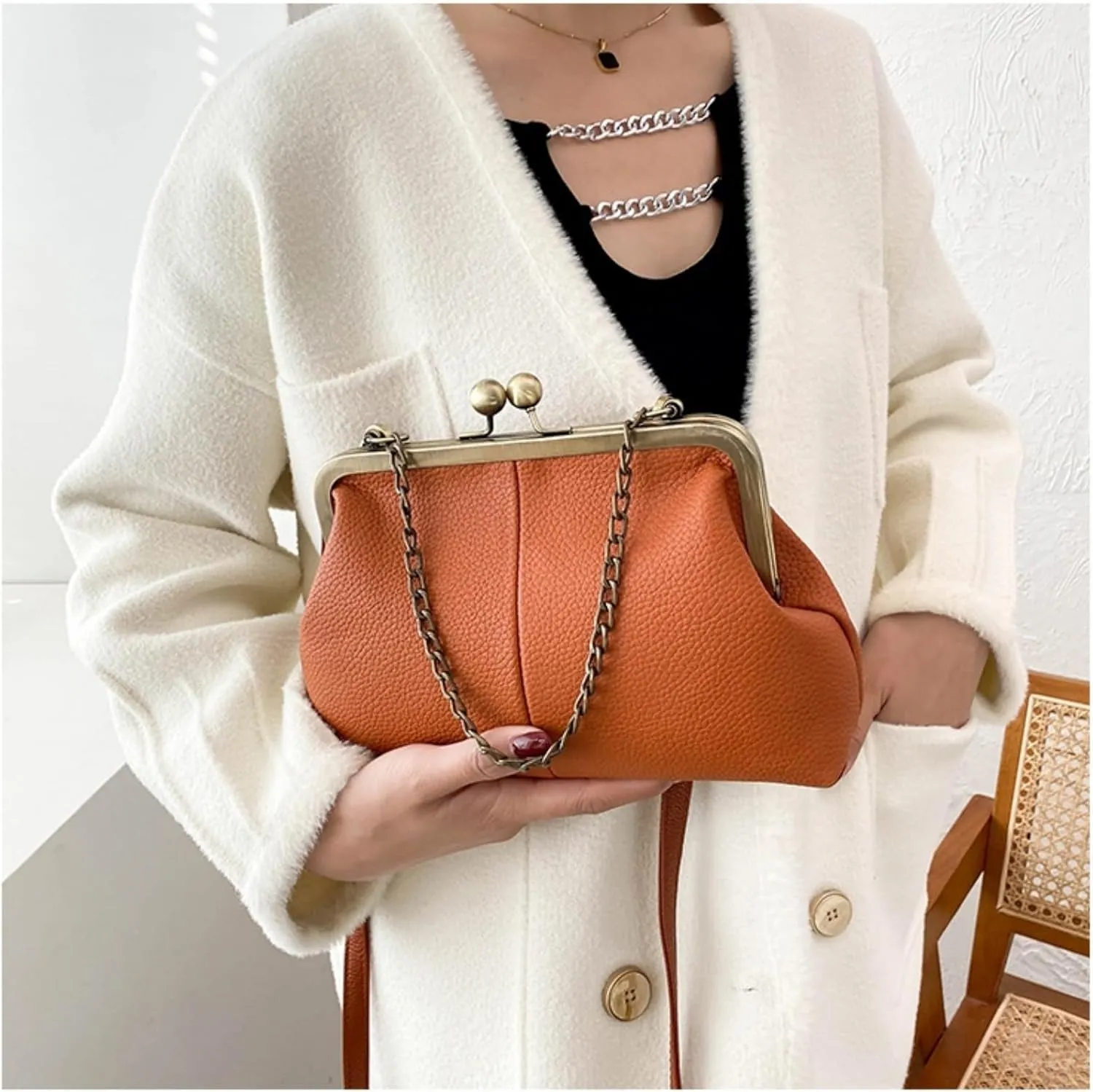 Vintage Kiss Lock Tote Women 2025 Clasp Clutch PU Leather Purse Crossbody Shoulder Bag Everyday Chic Messenger Handbag