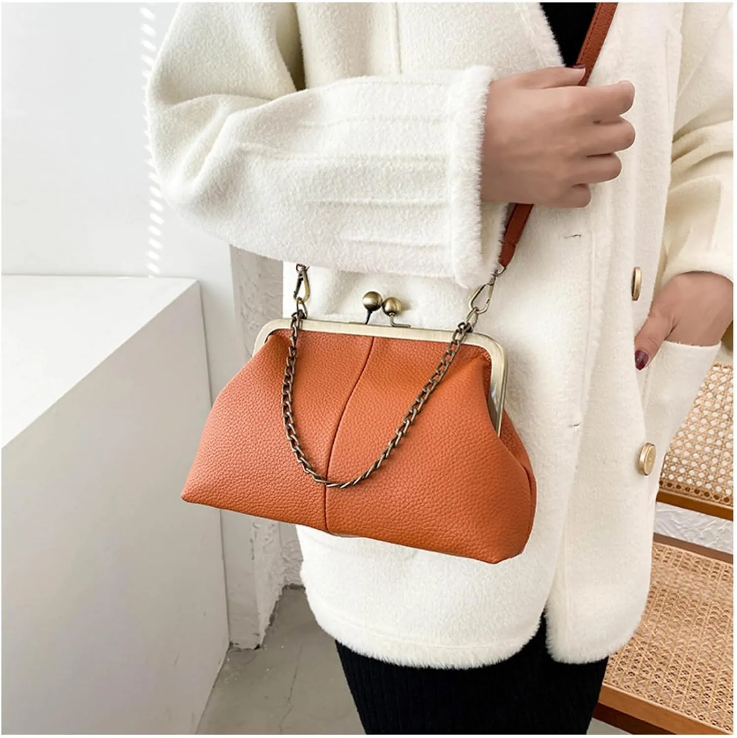 Vintage Kiss Lock Tote Women 2025 Clasp Clutch PU Leather Purse Crossbody Shoulder Bag Everyday Chic Messenger Handbag