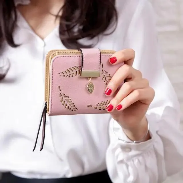 Vintage PU Leather Short Wallets Leaf Design Fashion Purse For Women Elegant Ladies Cute Zipper Purses Card Holders Women Wallet