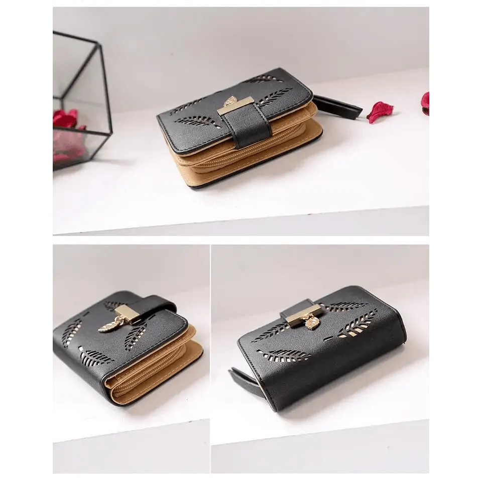 Vintage PU Leather Short Wallets Leaf Design Fashion Purse For Women Elegant Ladies Cute Zipper Purses Card Holders Women Wallet