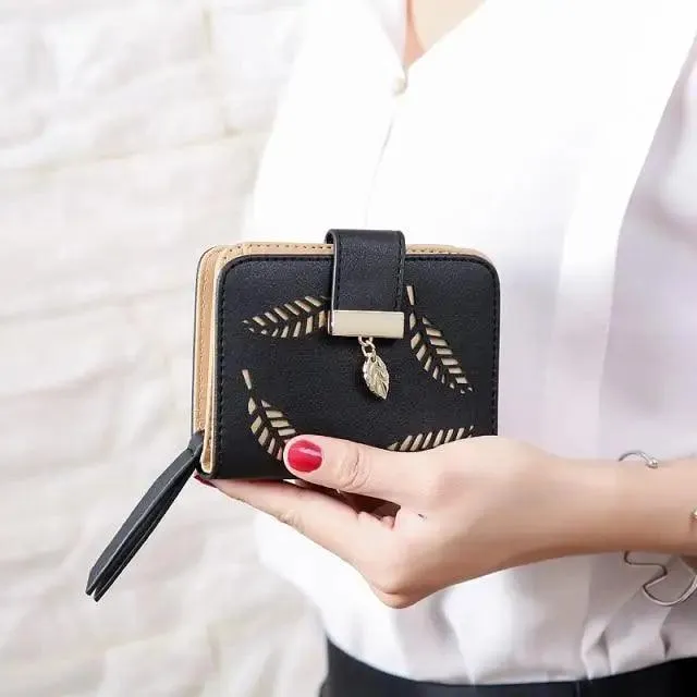 Vintage PU Leather Short Wallets Leaf Design Fashion Purse For Women Elegant Ladies Cute Zipper Purses Card Holders Women Wallet