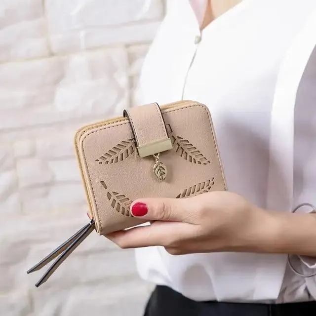 Vintage PU Leather Short Wallets Leaf Design Fashion Purse For Women Elegant Ladies Cute Zipper Purses Card Holders Women Wallet