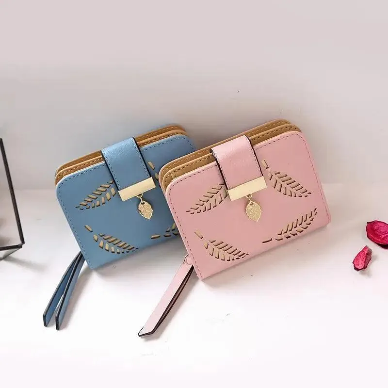 Vintage PU Leather Short Wallets Leaf Design Fashion Purse For Women Elegant Ladies Cute Zipper Purses Card Holders Women Wallet