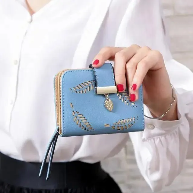 Vintage PU Leather Short Wallets Leaf Design Fashion Purse For Women Elegant Ladies Cute Zipper Purses Card Holders Women Wallet