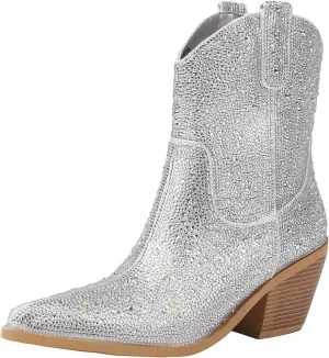 vivianly Rhinestone Cowboy Boots for Women Western Glitter Ankle Boots Cowgirl Boots, Women's Mid Calf Sparkling Diamond Boots Pointed Toe Chunky Heel Boots