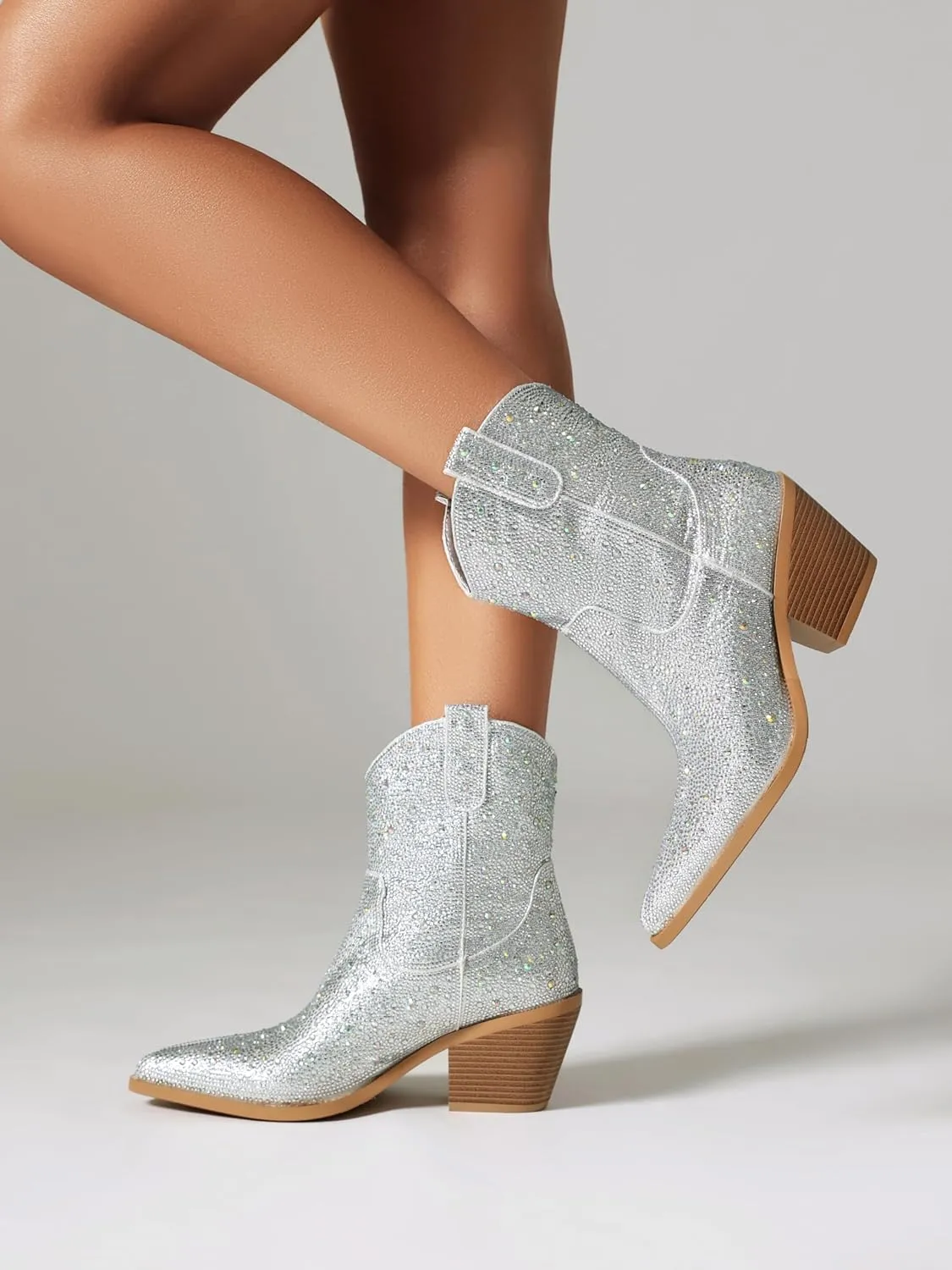 vivianly Rhinestone Cowboy Boots for Women Western Glitter Ankle Boots Cowgirl Boots, Women's Mid Calf Sparkling Diamond Boots Pointed Toe Chunky Heel Boots
