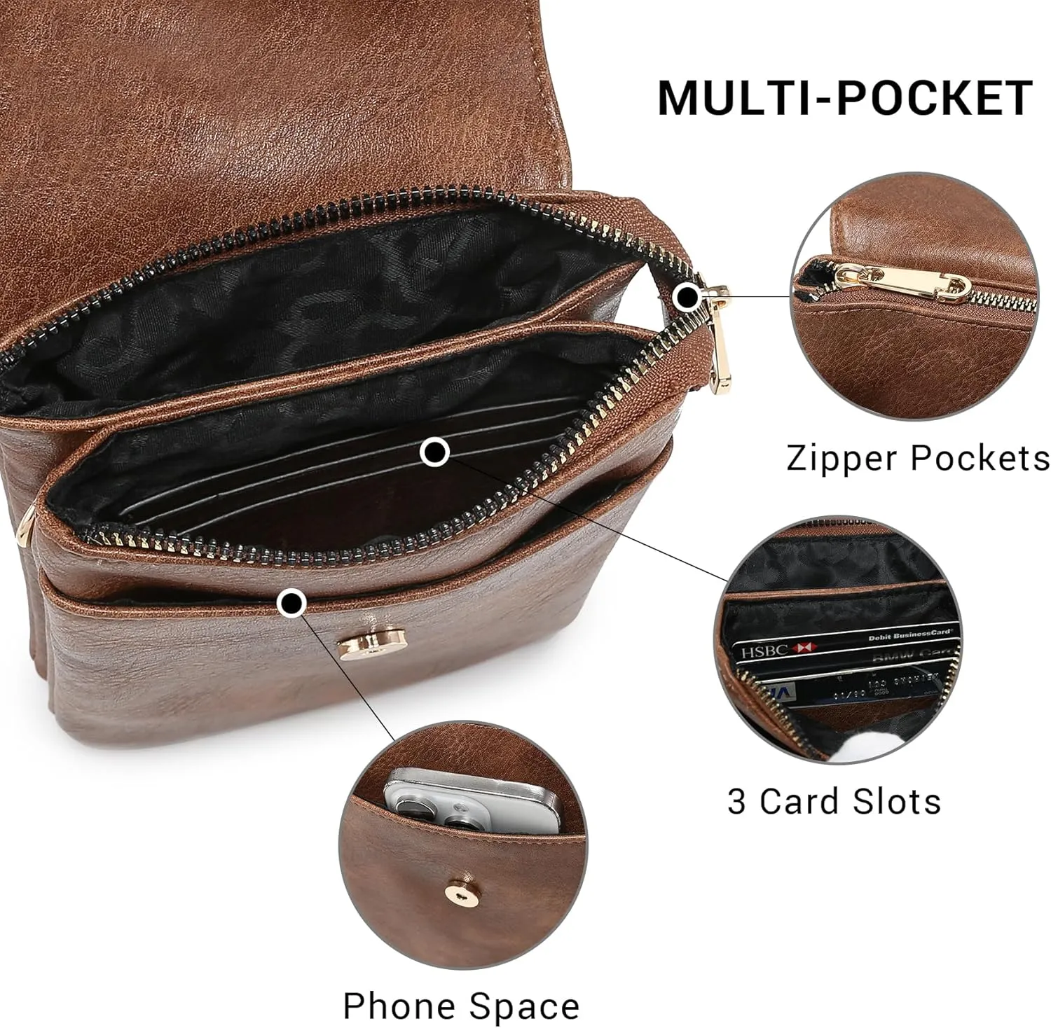 VONMAY Vegan Leather Small Crossbody Bags for Women, 3 Compartment Cell Phone Wallet Purses with Adjustable Guitar Strap