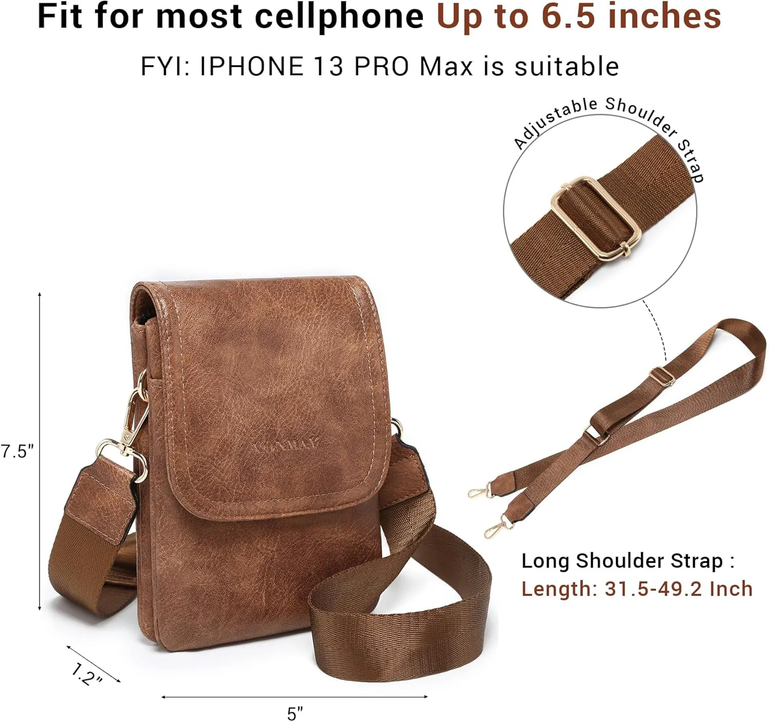 VONMAY Vegan Leather Small Crossbody Bags for Women, 3 Compartment Cell Phone Wallet Purses with Adjustable Guitar Strap