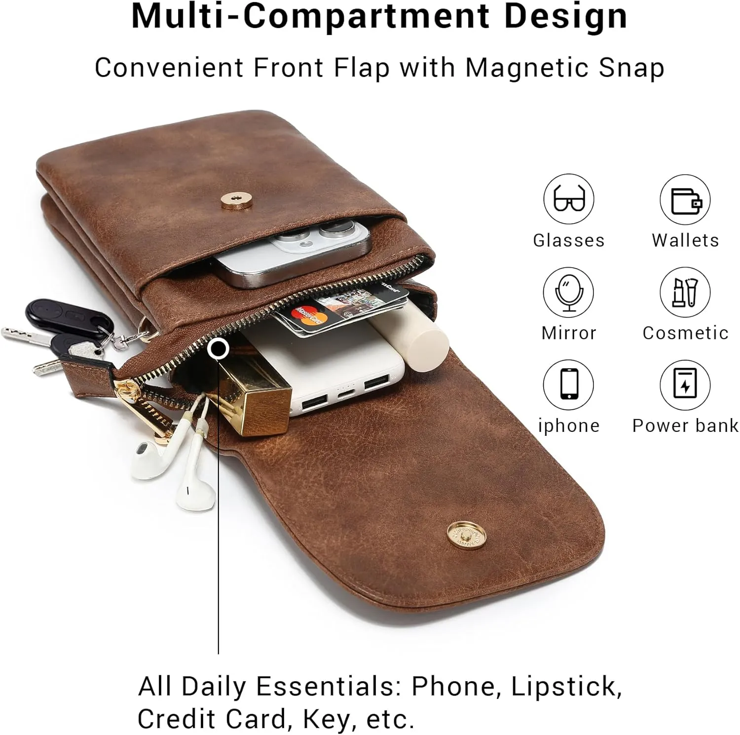 VONMAY Vegan Leather Small Crossbody Bags for Women, 3 Compartment Cell Phone Wallet Purses with Adjustable Guitar Strap