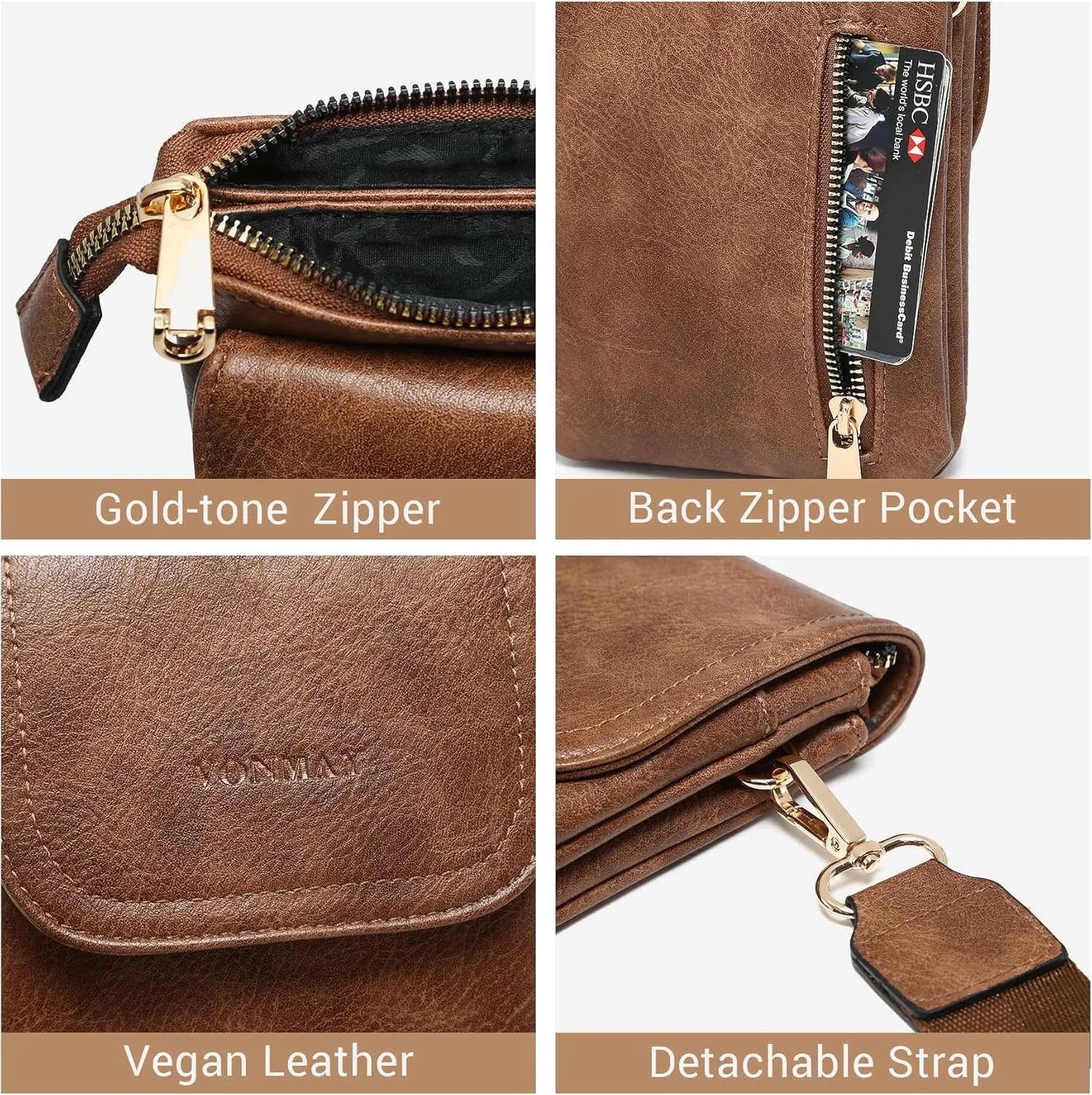 VONMAY Vegan Leather Small Crossbody Bags for Women, 3 Compartment Cell Phone Wallet Purses with Adjustable Guitar Strap