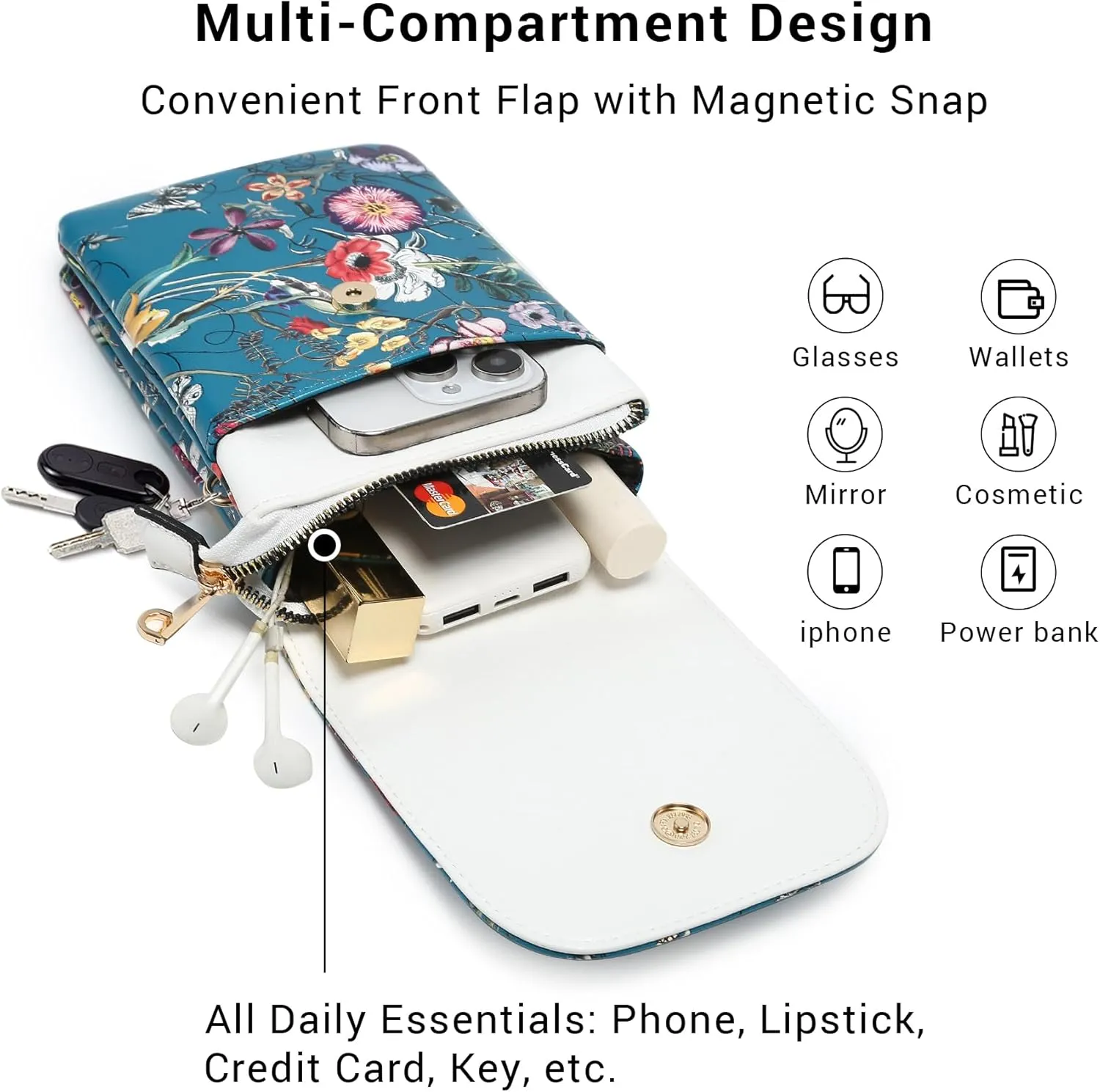 VONMAY Vegan Leather Small Crossbody Bags for Women, 3 Compartment Cell Phone Wallet Purses with Adjustable Guitar Strap