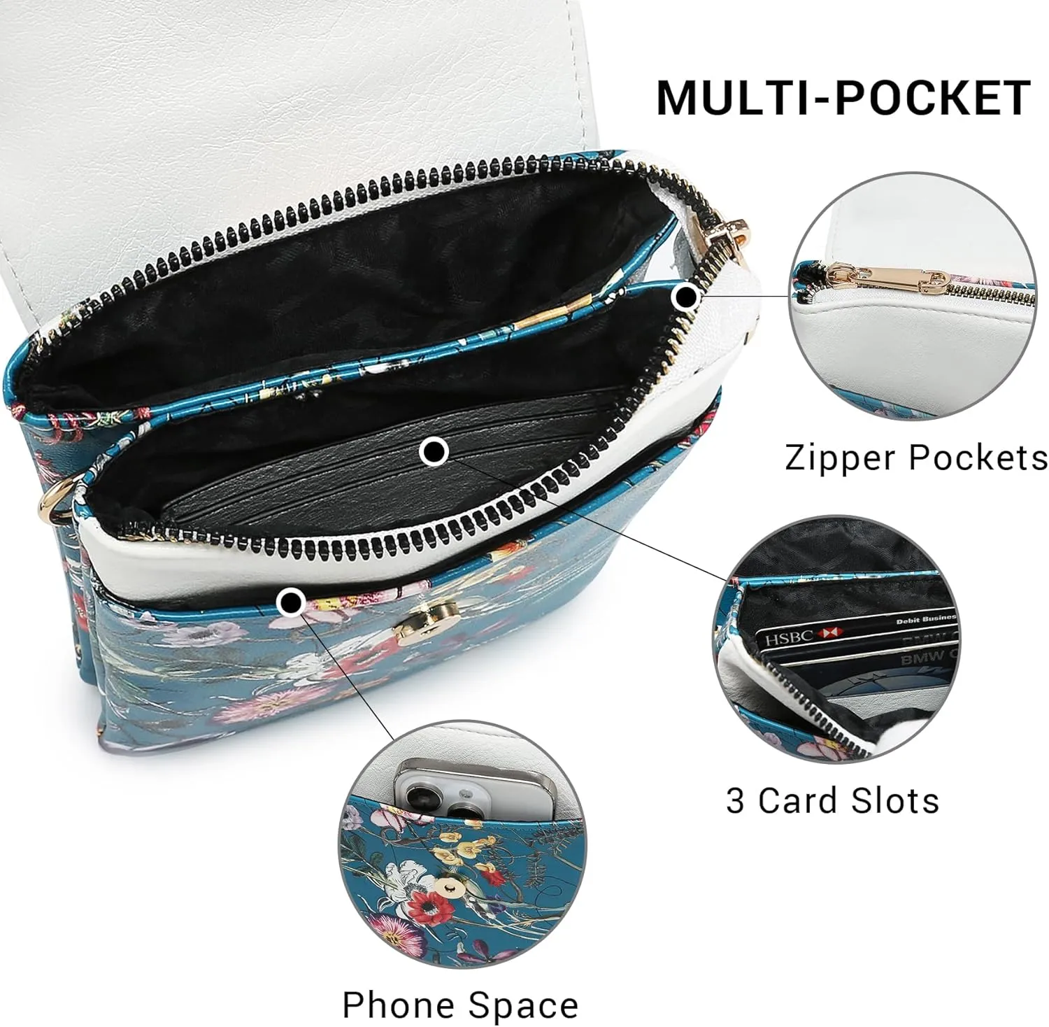 VONMAY Vegan Leather Small Crossbody Bags for Women, 3 Compartment Cell Phone Wallet Purses with Adjustable Guitar Strap