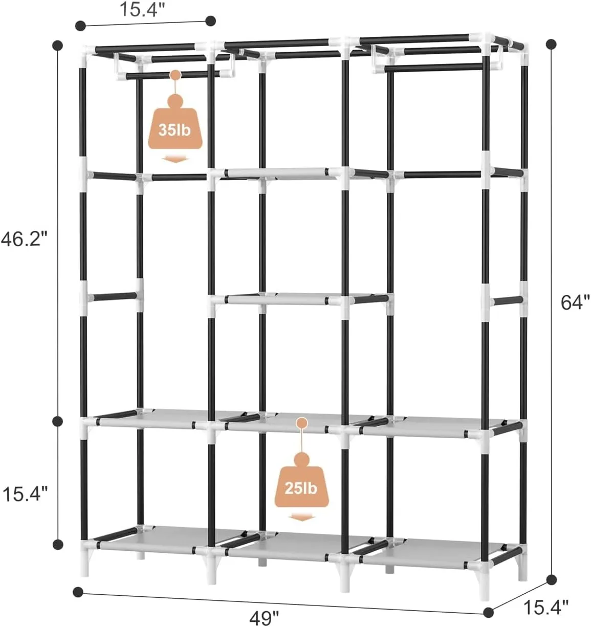 VTRIN Portable Closet Wardrobe for Hanging Clothes with 2 Hanging Rods and 8 Storage Organizer Shelves,Sturdy Large Wardrobe Closet for Bedroom Free Standing Clothes Rack with Cover,Grey