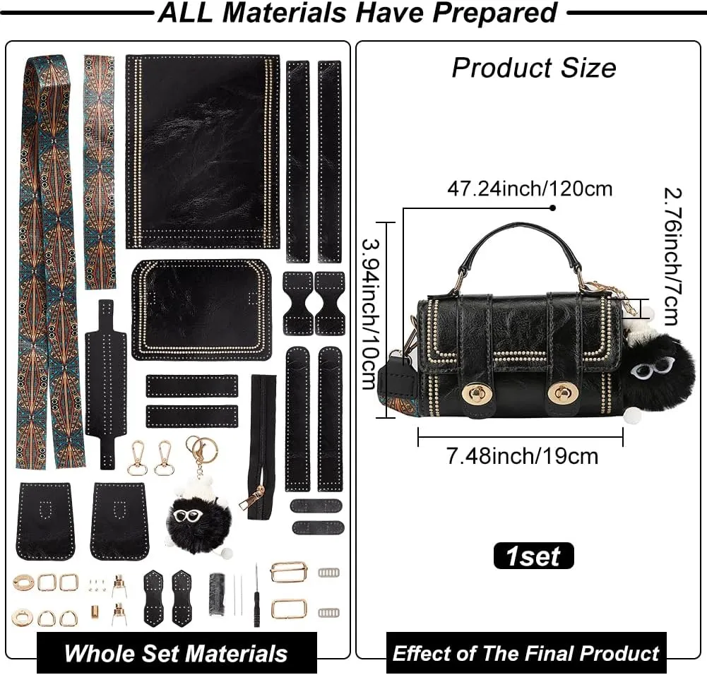 WADORN PU Leather Crossbody Bag Making Kit, DIY Knitting Crochet Shoulder Bag Making Materials PU Leather Handbags Sewing Kit for DIY Handmade Purse Making Accessories, 7.4x3.9x2.7 Inch (Black)