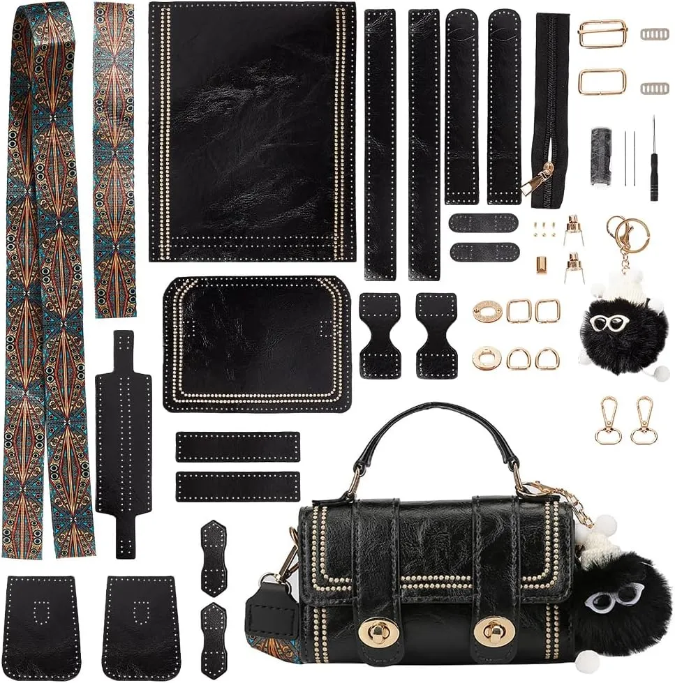 WADORN PU Leather Crossbody Bag Making Kit, DIY Knitting Crochet Shoulder Bag Making Materials PU Leather Handbags Sewing Kit for DIY Handmade Purse Making Accessories, 7.4x3.9x2.7 Inch (Black)