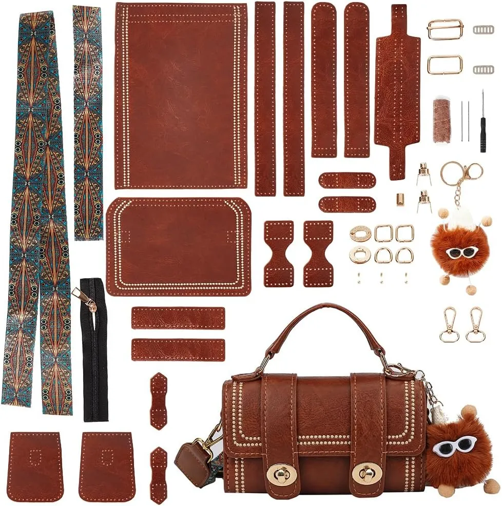 WADORN PU Leather Crossbody Bag Making Kit, DIY Knitting Crochet Shoulder Bag Making Materials PU Leather Handbags Sewing Kit for DIY Handmade Purse Making Accessories, 7.4x3.9x2.7 Inch (Brown)