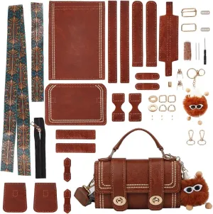WADORN PU Leather Crossbody Bag Making Kit, DIY Knitting Crochet Shoulder Bag Making Materials PU Leather Handbags Sewing Kit for DIY Handmade Purse Making Accessories, 7.4x3.9x2.7 Inch (Brown)