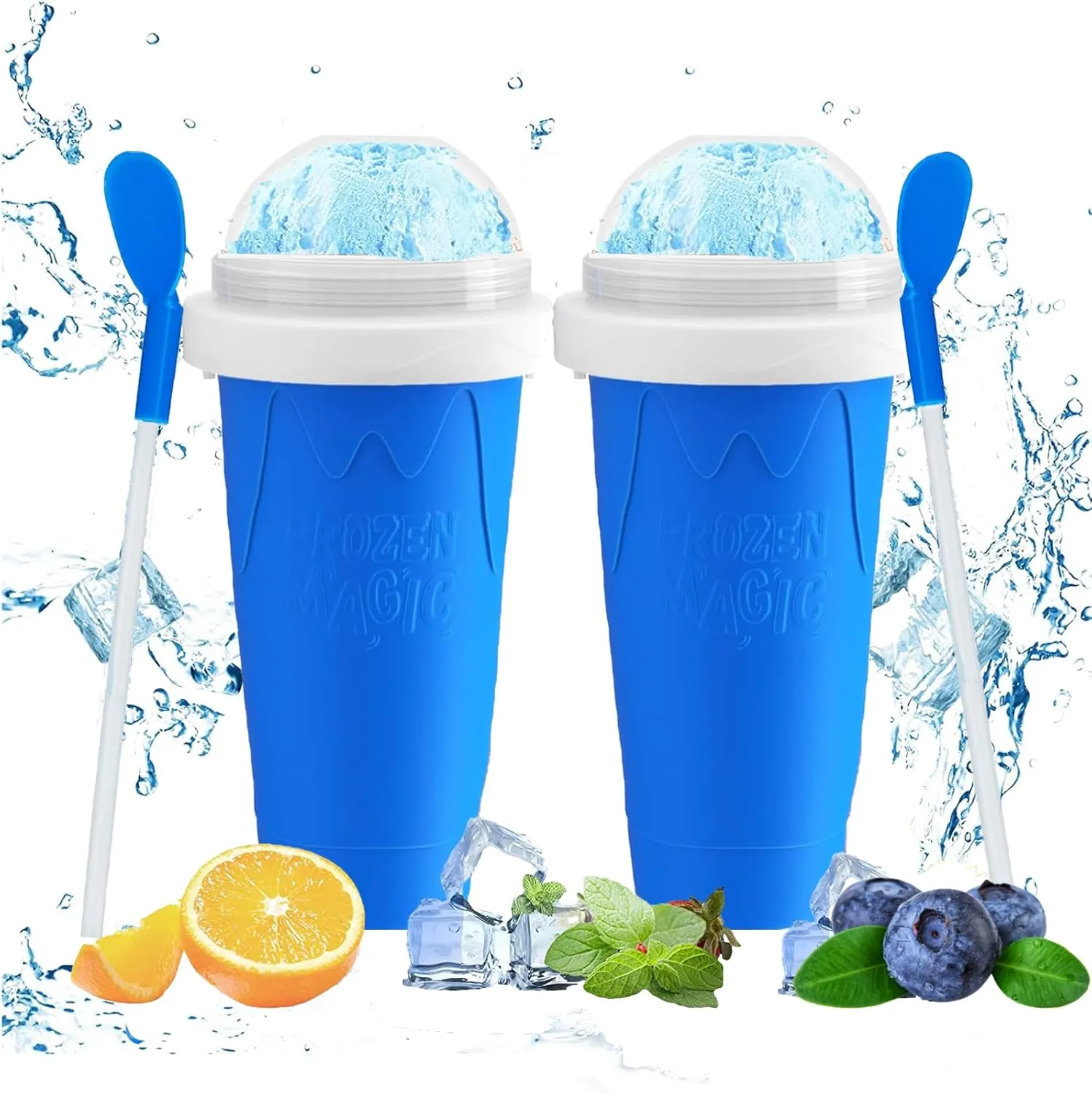 WALLBIG 2 Pack Slushie Maker, Magic Squeeze Cup - Portable Freeze Mug for Family (Blue Blue)