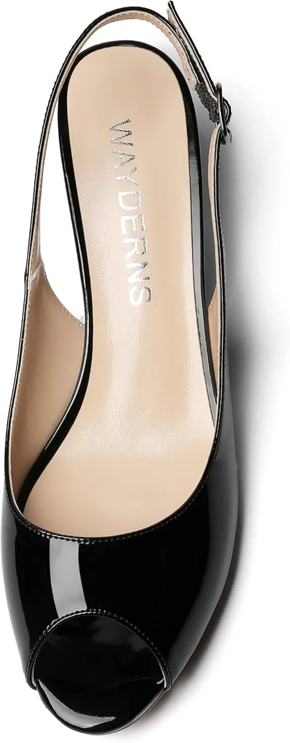 WAYDERNS Women's Peep Toe Slingback Buckle Patent Leather Wedge Low Heel Pumps Shoes 2 Inch