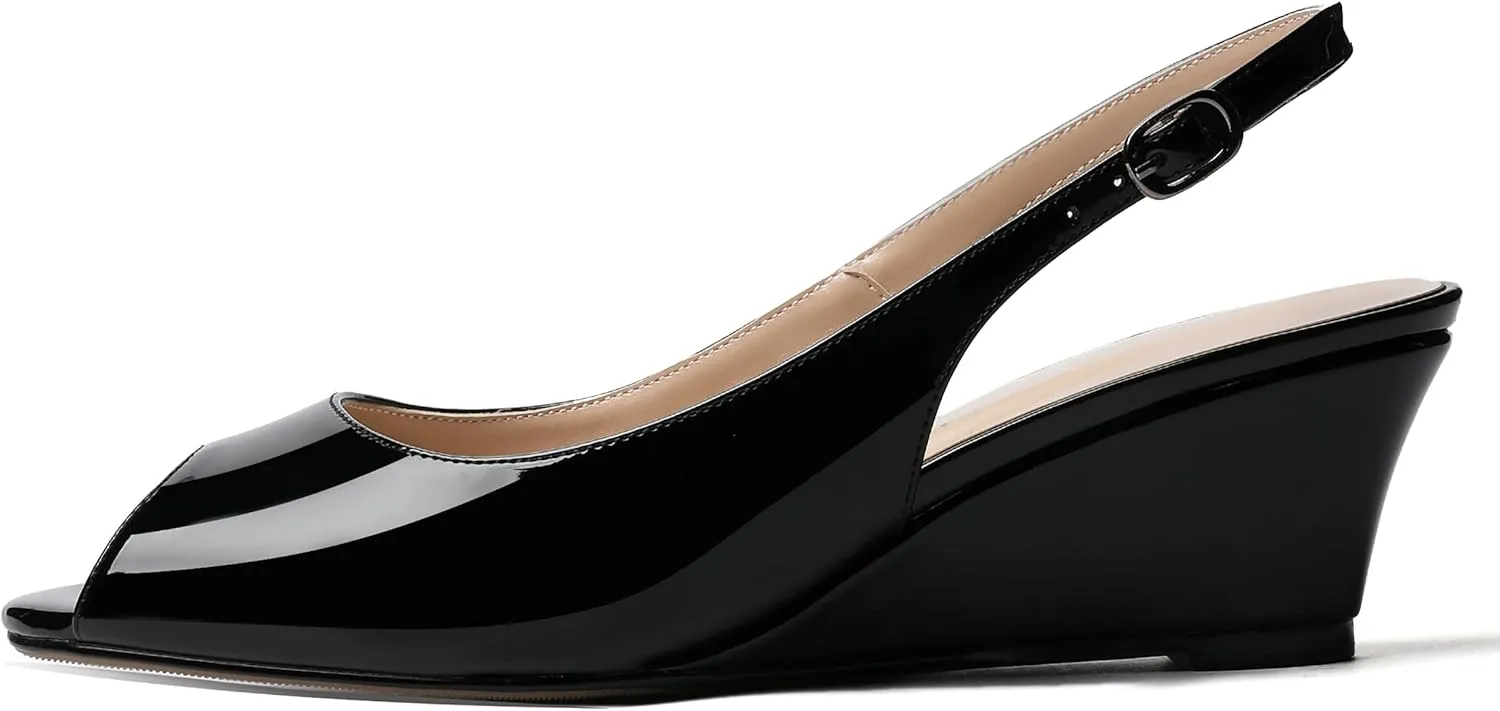 WAYDERNS Women's Peep Toe Slingback Buckle Patent Leather Wedge Low Heel Pumps Shoes 2 Inch