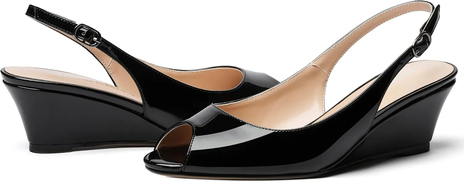 WAYDERNS Women's Peep Toe Slingback Buckle Patent Leather Wedge Low Heel Pumps Shoes 2 Inch