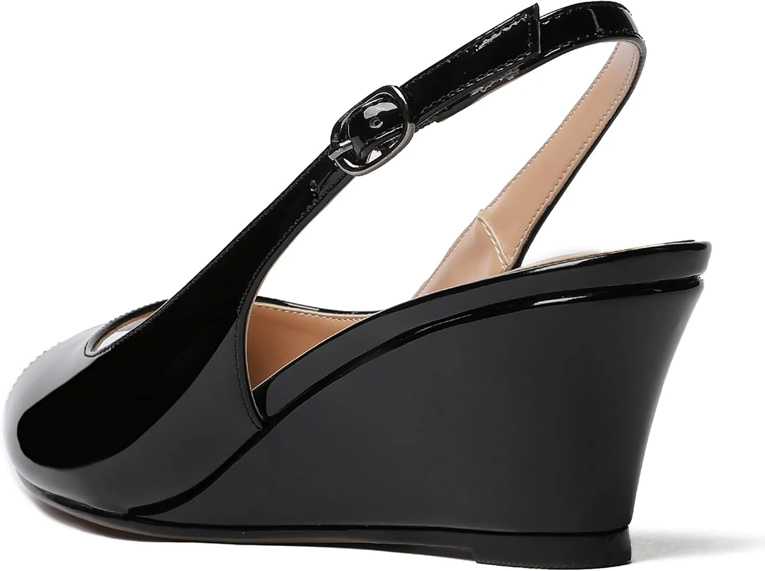 WAYDERNS Women's Peep Toe Slingback Buckle Patent Leather Wedge Low Heel Pumps Shoes 2 Inch