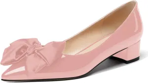 WAYDERNS Women's Pointed Toe Slip On Block Patent Bow Chunky Low Heel Pumps Shoes 1.5 Inch