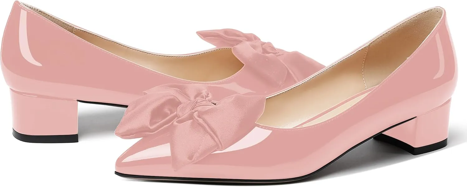 WAYDERNS Women's Pointed Toe Slip On Block Patent Bow Chunky Low Heel Pumps Shoes 1.5 Inch
