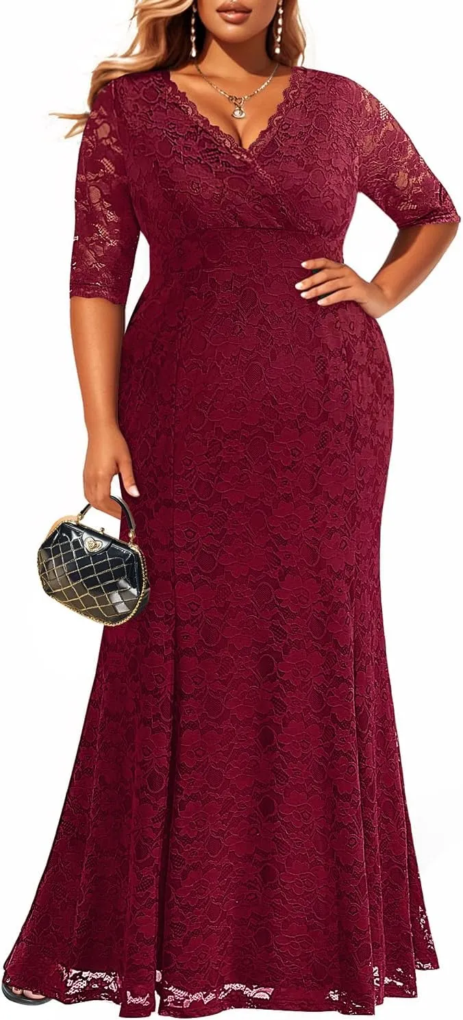Wedding Dresses for Bride Plus Size - Mermaid Formal Evening Gown Wrap Neck Lace Dress