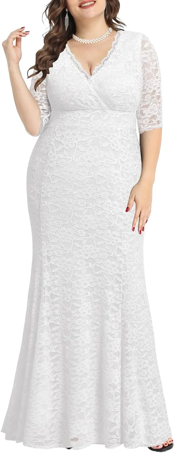 Wedding Dresses for Bride Plus Size - Mermaid Formal Evening Gown Wrap Neck Lace Dress