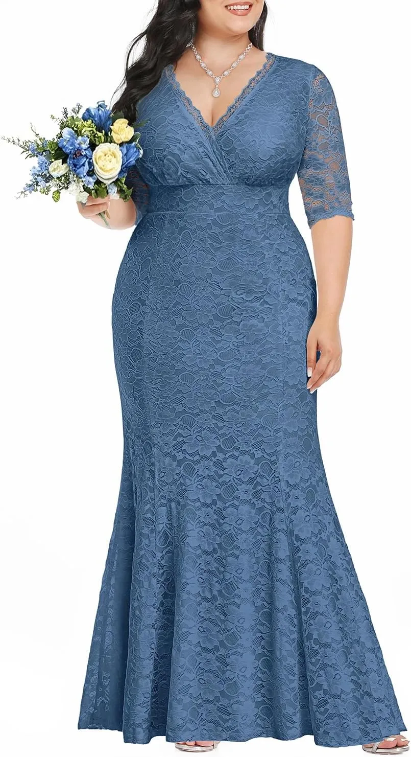 Wedding Dresses for Bride Plus Size - Mermaid Formal Evening Gown Wrap Neck Lace Dress