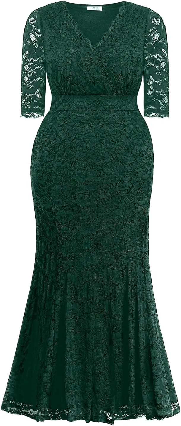 Wedding Dresses for Bride Plus Size - Mermaid Formal Evening Gown Wrap Neck Lace Dress
