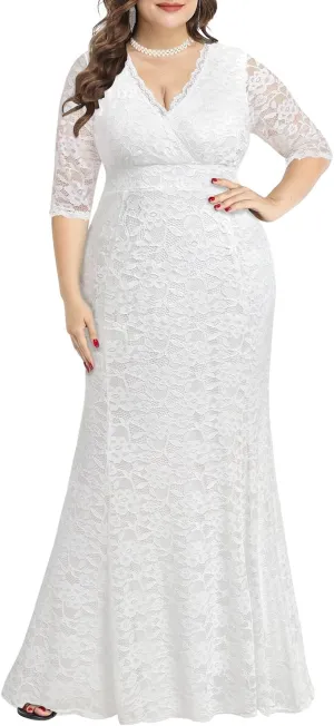 Wedding Dresses for Bride Plus Size - Mermaid Formal Evening Gown Wrap Neck Lace Dress