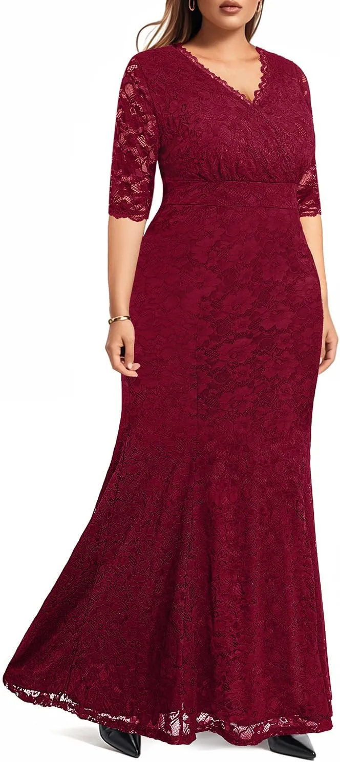 Wedding Dresses for Bride Plus Size - Mermaid Formal Evening Gown Wrap Neck Lace Dress