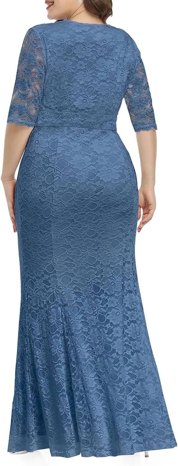 Wedding Dresses for Bride Plus Size - Mermaid Formal Evening Gown Wrap Neck Lace Dress