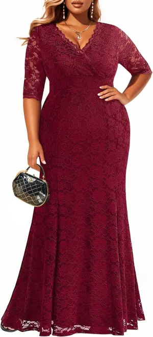 Wedding Dresses for Bride Plus Size - Mermaid Formal Evening Gown Wrap Neck Lace Dress